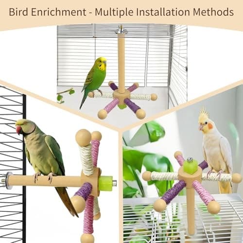 Bird Perch Toy, Parrot 360° Rotating Stand Perch, Wooden Interactive White 4