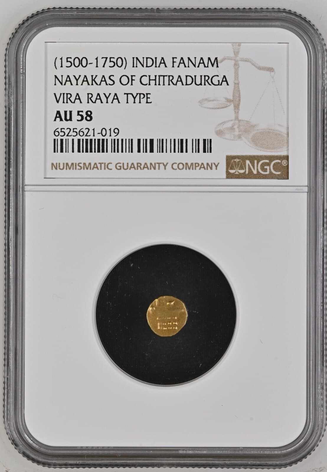 1500-1750 INDIA GOLD FANAM - NAYAKAS OF CHITRADURGA - VIRA RAYA TYPE - NGC AU58