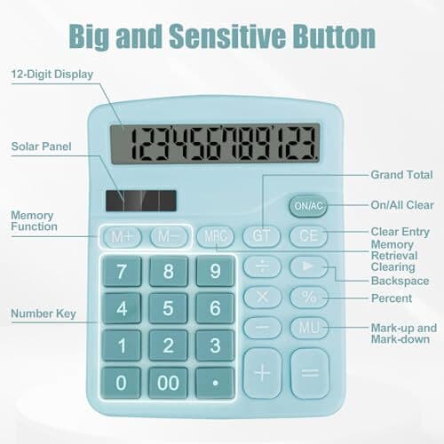 Desktop Calculator, Light Blue Calculator Big Buttons, 12-Digits Light Blue1 6