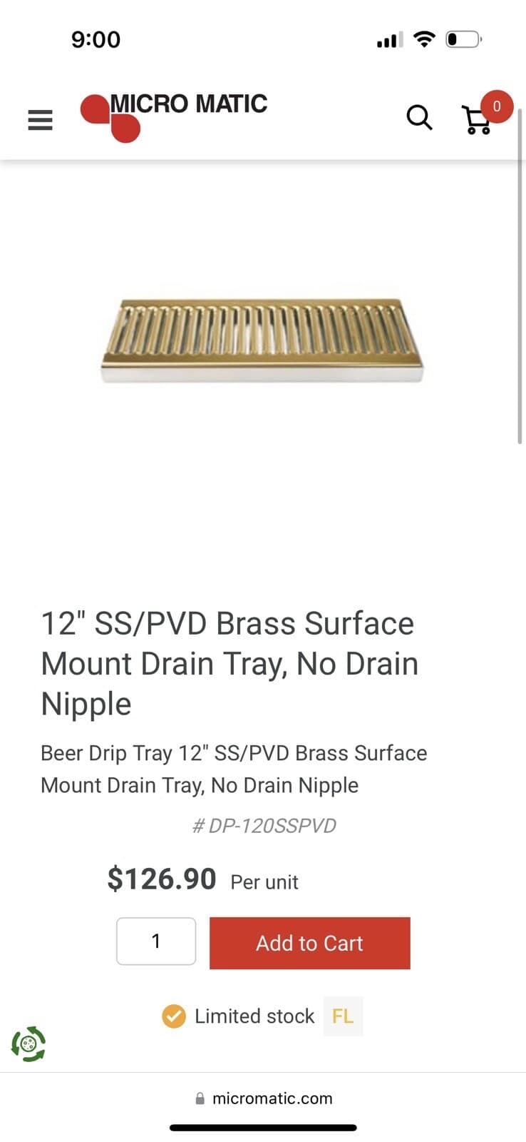 Micro Matic 15" SS/PVD Brass Surface Mount Drain Tray, Bar/Beer Drain Custom Sz 5