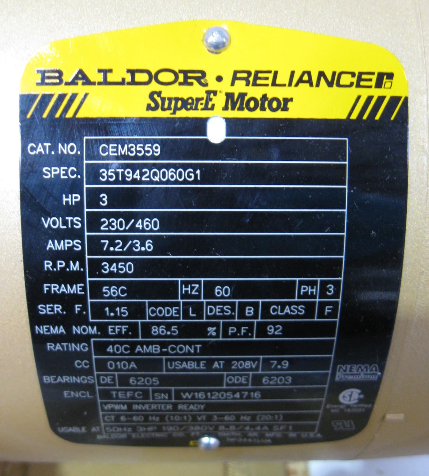C200661 Baldor CEM3559 Super-E 3-Phase Motor (3HP, 230/460VAC, 7.2/3.6A 3450rpm) 5