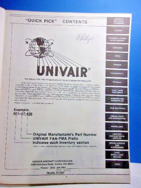 Classic Aircraft Parts & Supplies Catalog Cessna Piper Stinson & More Univair 5