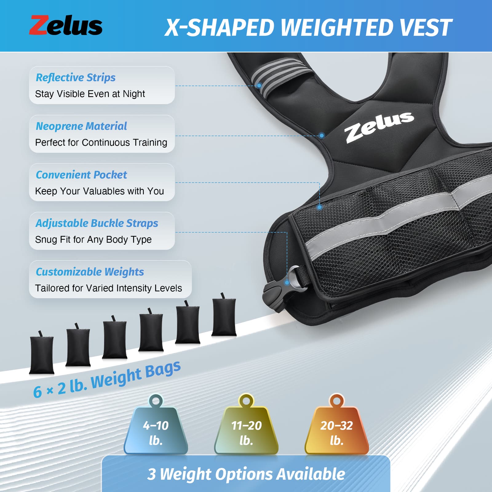 ZELUS Weighted Vest Adjustable 4-10lb/11-20lb/20-32lb Vest with 6 Weights Hot🔥 4