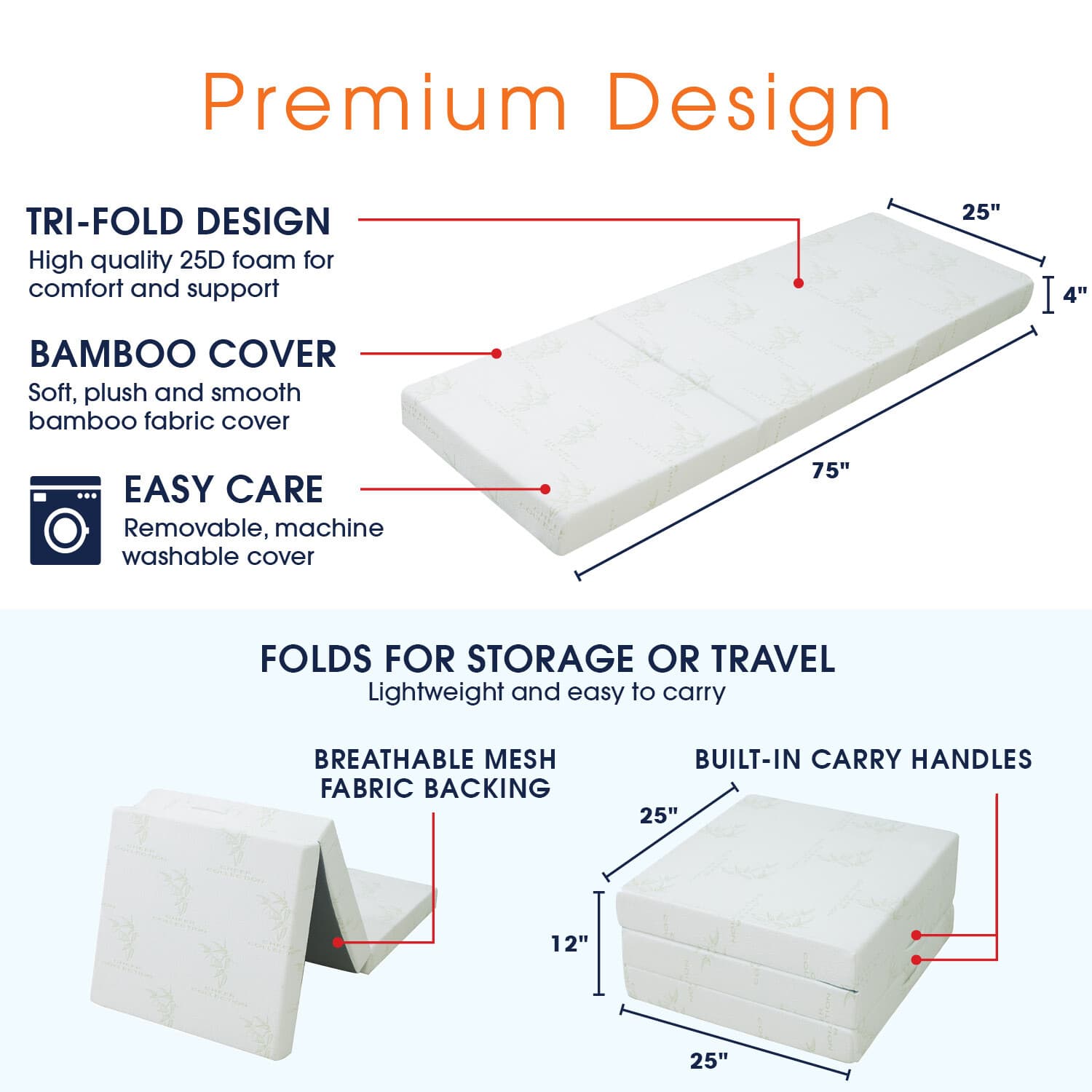 Cheer Collection Tri-fold Small 75" x 25" x 4" Folding Mattress OR Mattress Case 3