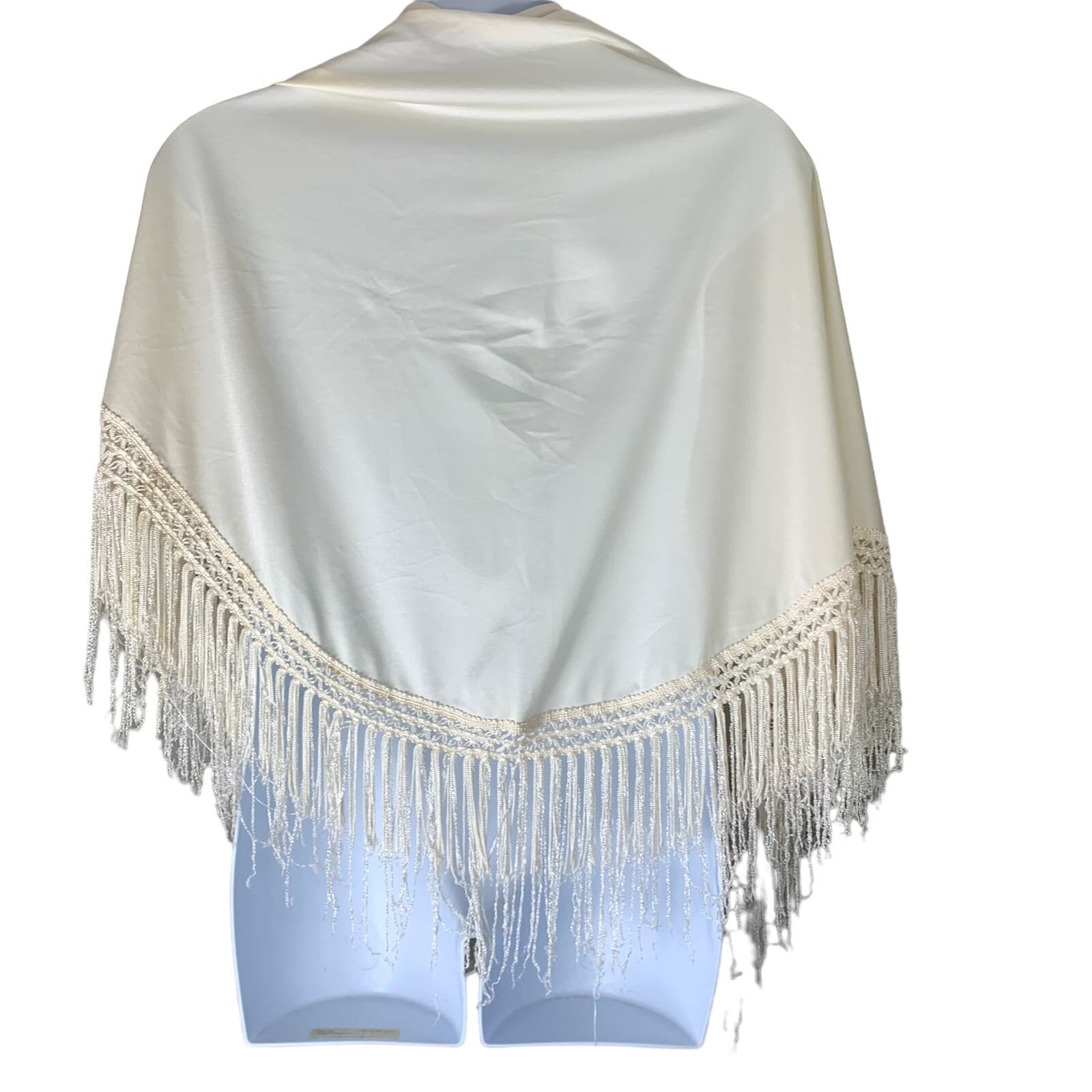 Vintage Shawl Wrap Fringe Ends Ivory Triangle Shape California Things 60x25 2