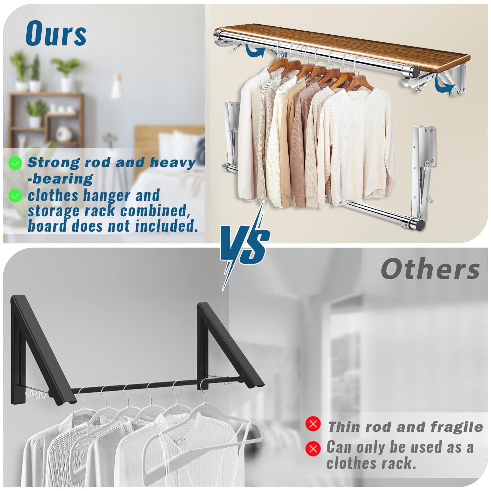Foldable Wall Mounted Clothes Rack44'' Long Rod&2 Basesstainless Steel Heavy Dut 3