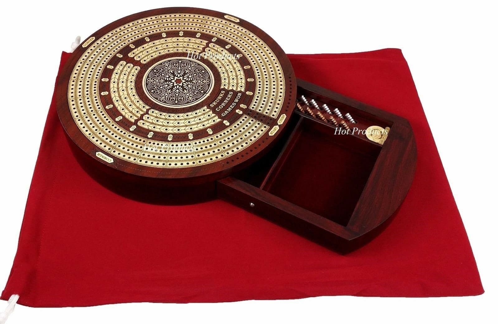 4 TRACK ROUND Continuous Cribbage Board Metal Pegs BLOODWOOD Skunks & Corners 2