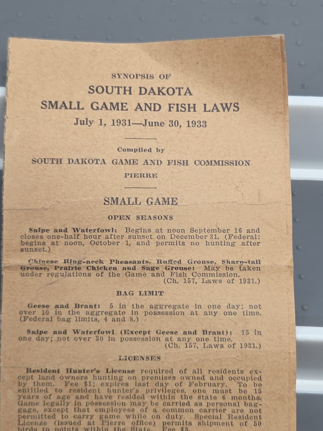 1931 1933 South Dakota State Fish & Game Laws Synopsis Regulations License Tx 3