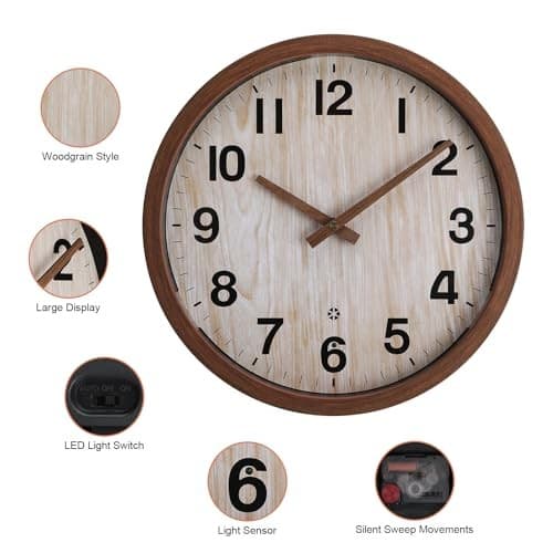  Night Light Wall Clock, 12 Inch Glow in The Dark Illuminated Silent Wood Color 4