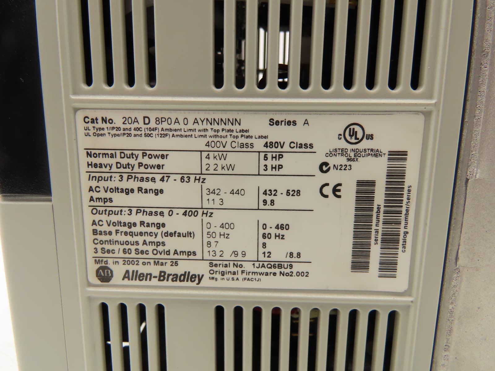Allen Bradley 20AD8P0A0AYNNNNN PowerFlex 70 Variable AC Drive VFD 5Hp 480V 3PH 3