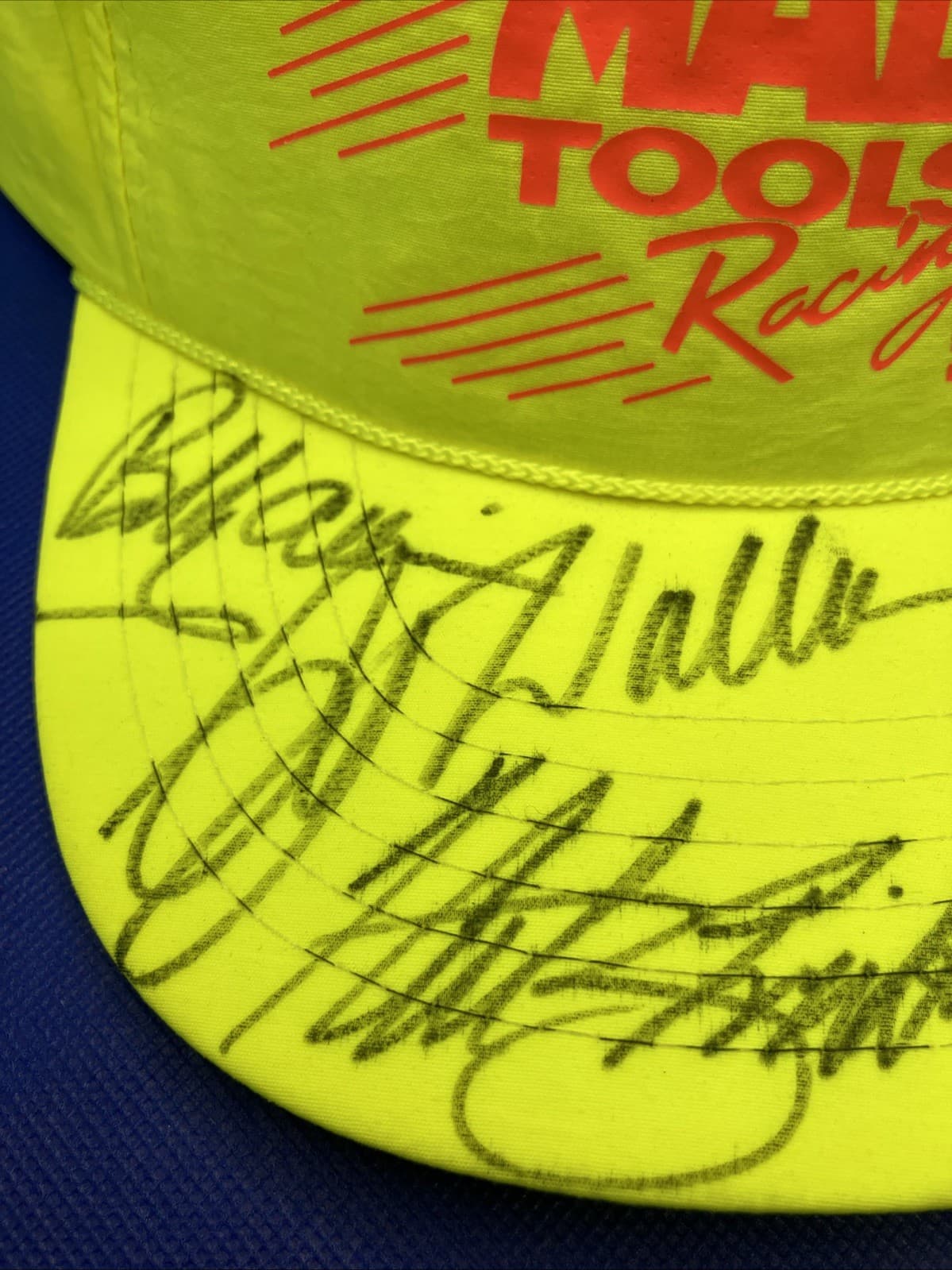 NASCAR HOOTERS’ 500 MAC Tools Racing 1992 Neon Yellow Snap Back Hat Autographed 4