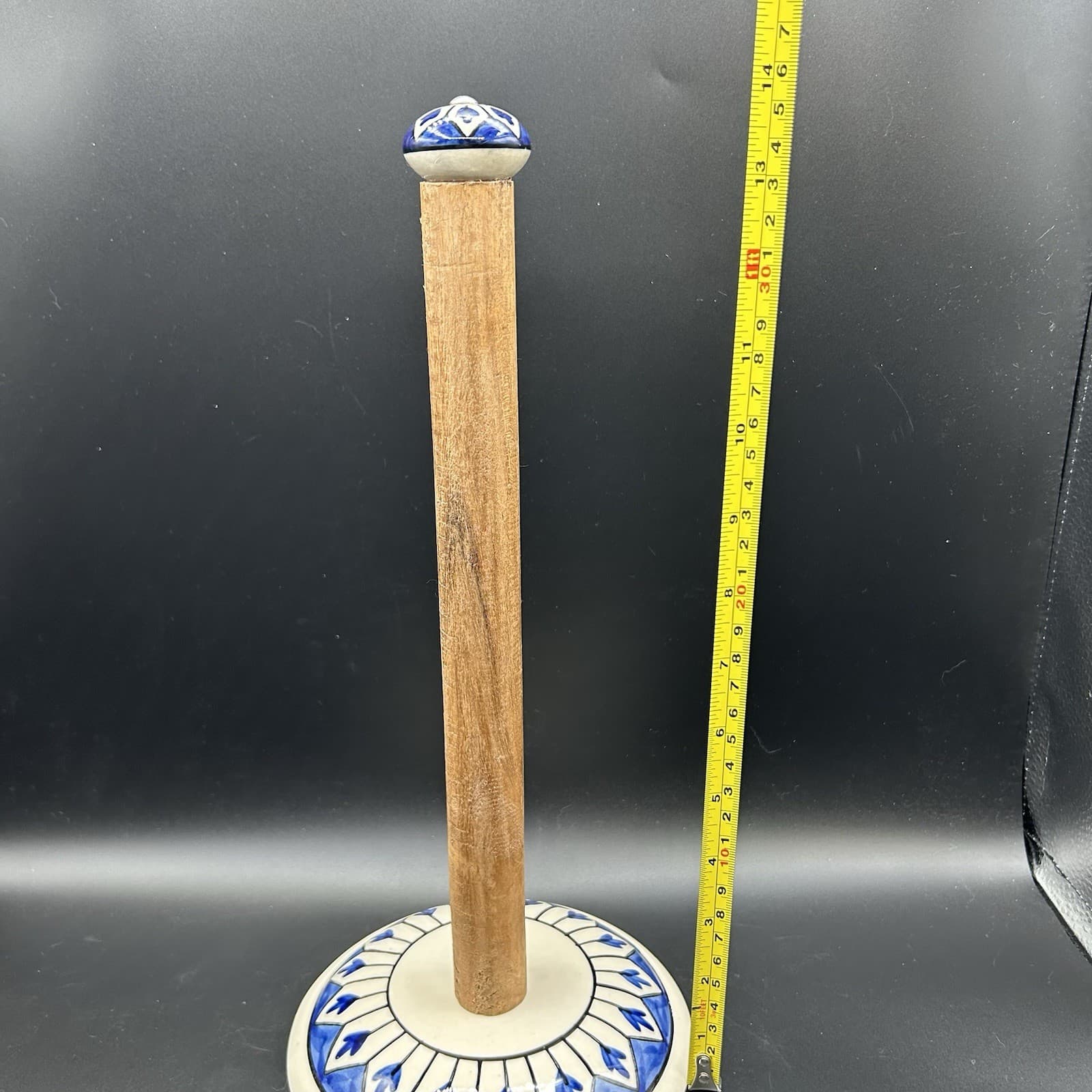 Blue & White Hand painted Ceramic and Wood Paper Towel Freestanding Holder 13" 4