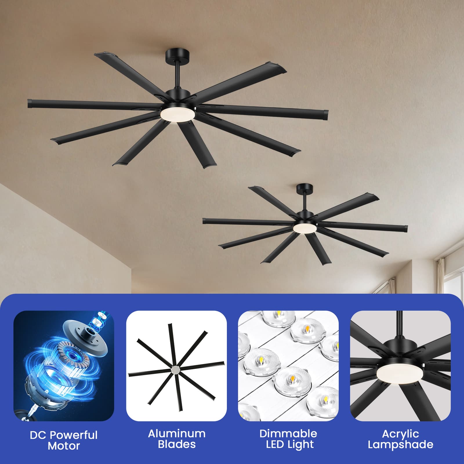 80" Commercial Ceiling Fan w/ Adjustable Light Remote Control Reversible Black 5