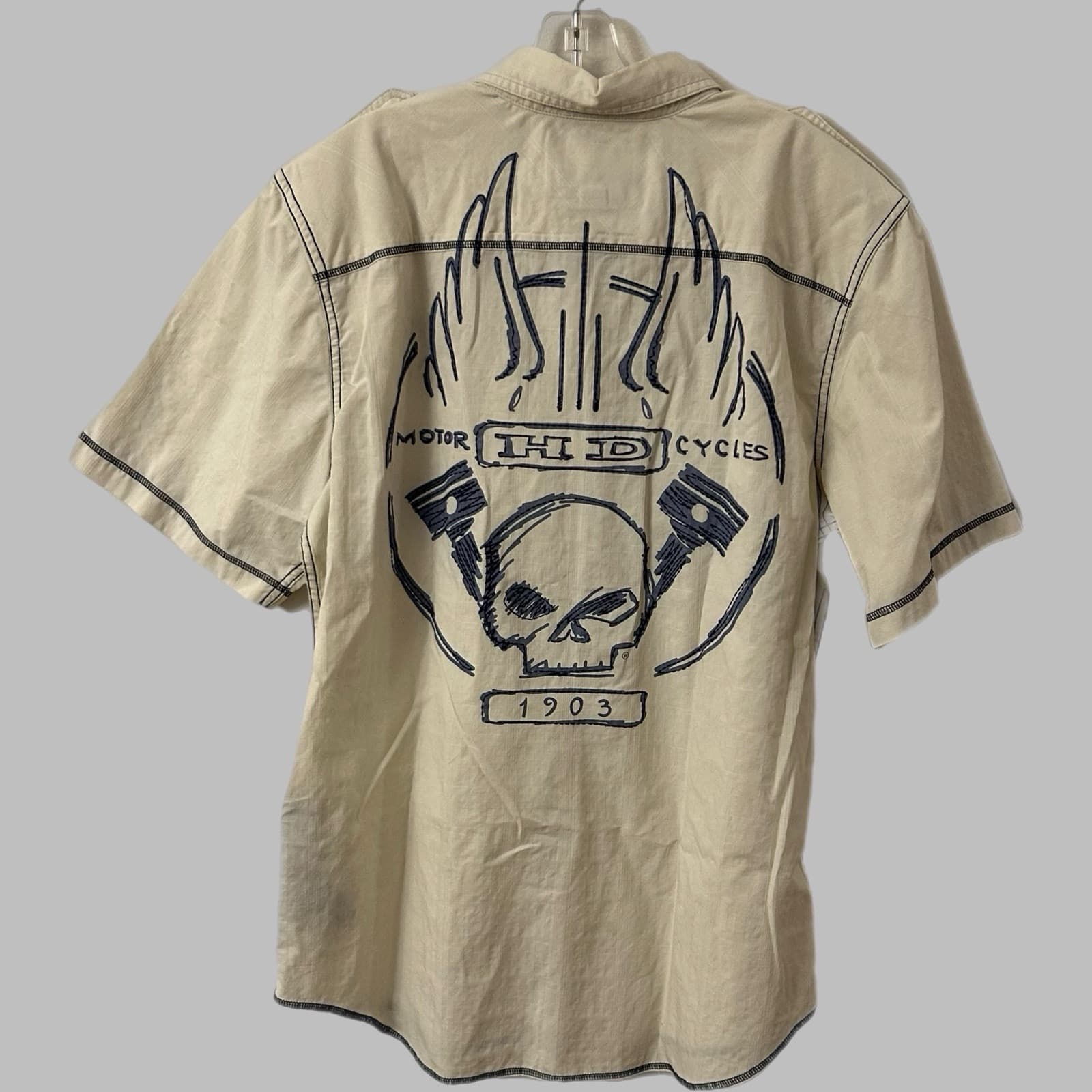 Mens Harley Davidson Shirt Large Motorcycle Skull Button Up Pocket Blue Stitch 2