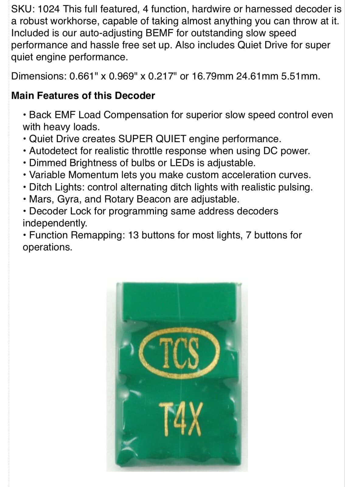 TCS T4X HO Scale DCC Motor Decoder 4 Function 9-pin JST & KA Plug 4