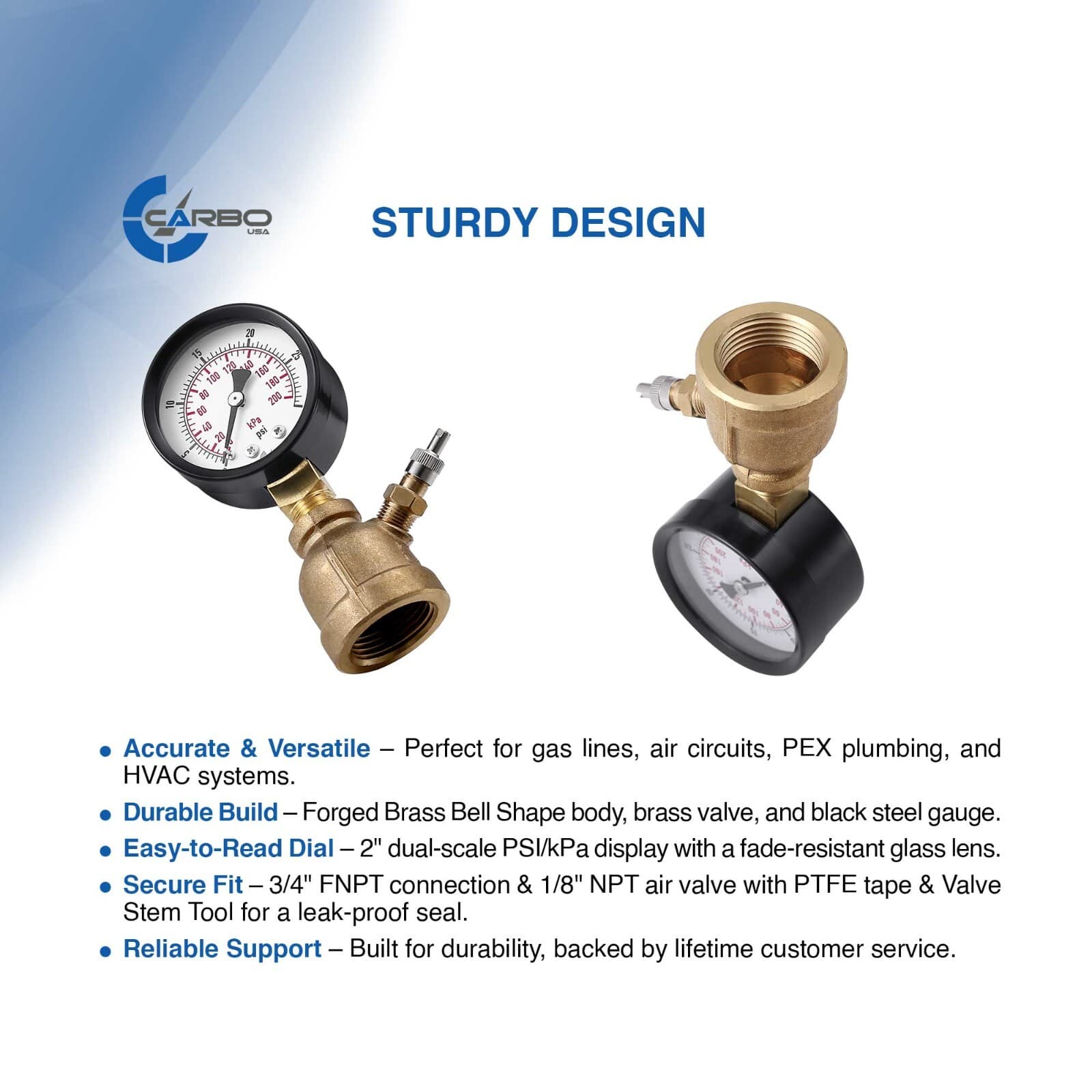 Gas Test Pressure Gauge 60 Pound, 60 PSI/400 kPa 3/4” FNPT Brass Bell Shape Body 3