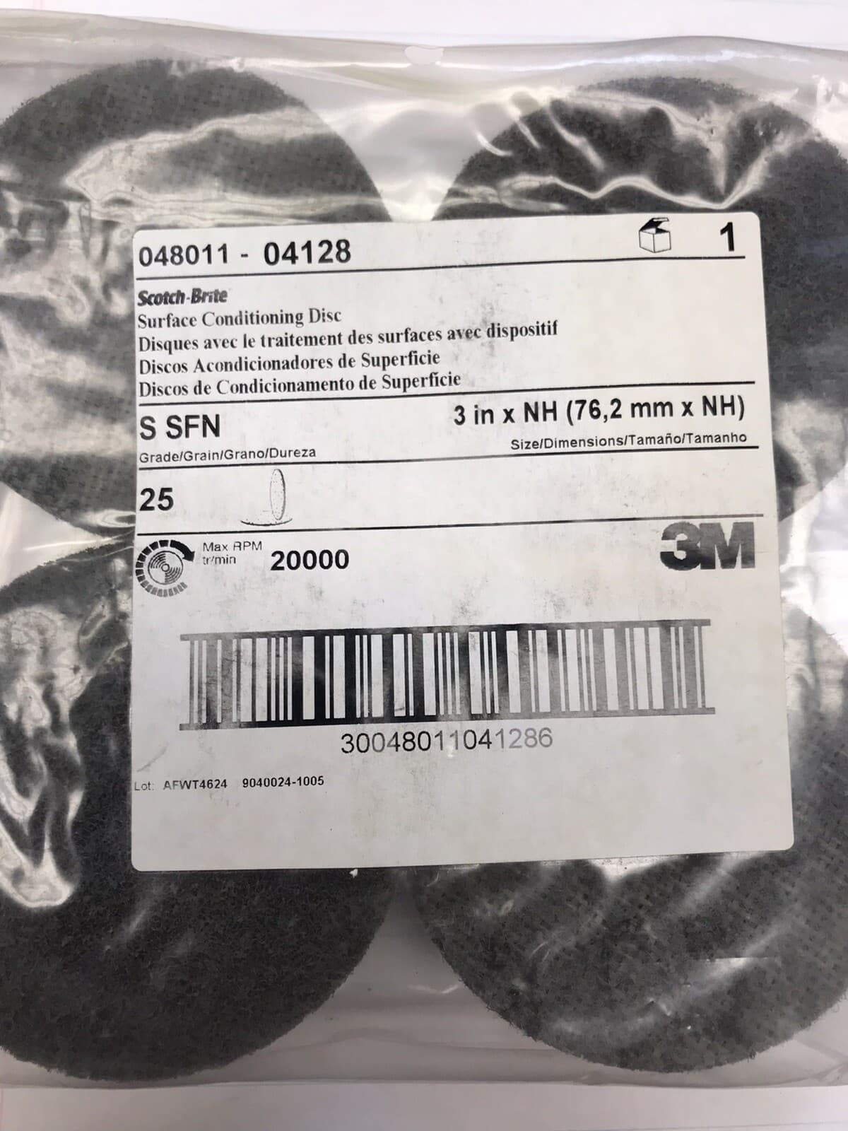 25 pcs.  3M 04128 S SFN 3” GREY HOOK & LOOP SURFACE CONDITIONING DISC. (loc stk)