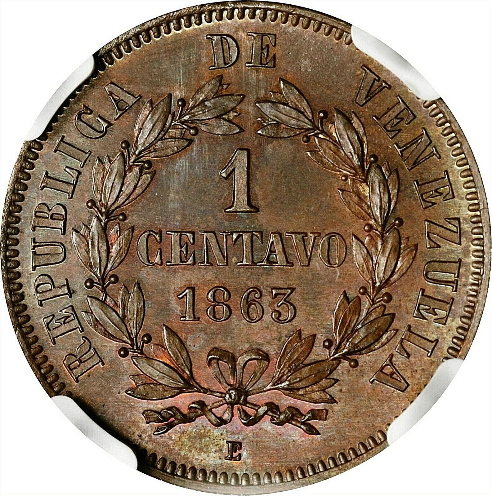 1863-E VENEZUELA REPUBLIC COPPER ESSAI CENTAVO (PATTERN) NGC GEM SPECIMEN-65 BWN 2
