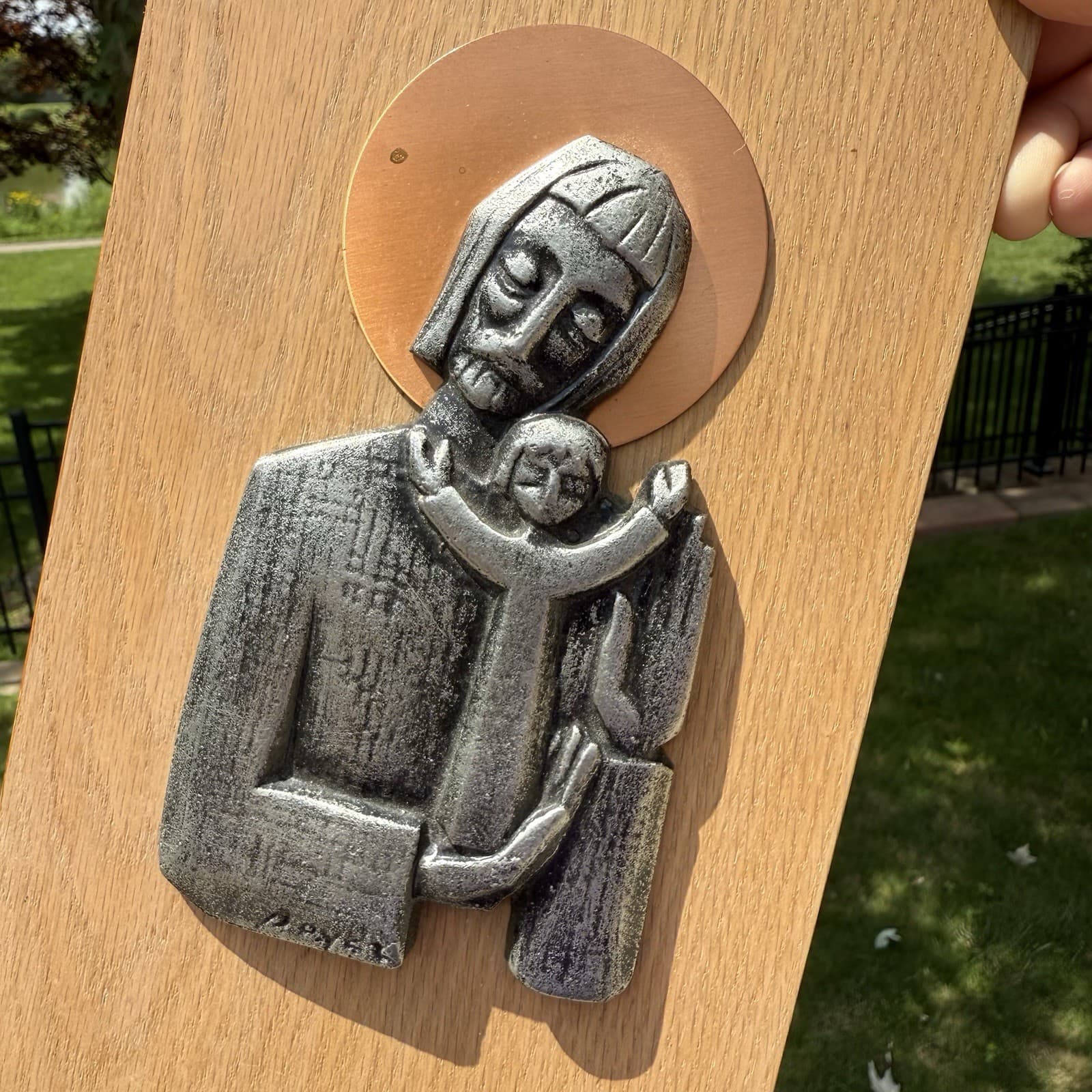 VTG Jesus & Child Wood Copper Pewter Wall Plaque Art MCM Religious by GH Boyer 2