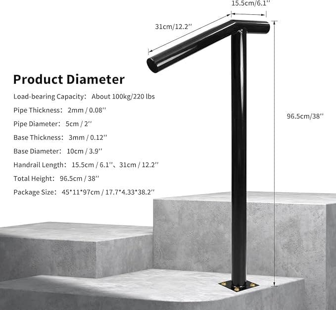 Durable Iron Handrail 2PC for Outdoor Decking 1-2 Step Stair Safety Support 2