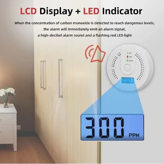 Carbon Monoxide Warning Alarm Sensor LED Digital Battery Powered 4