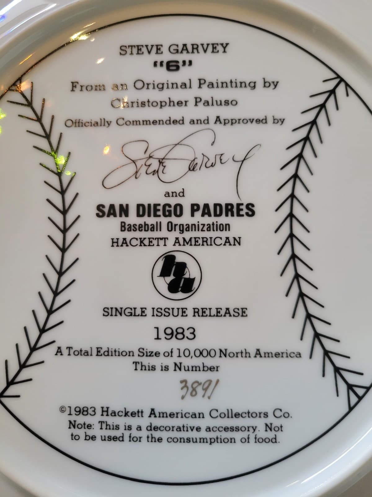 Steve Garvey 1983 Plate 3891/10,000 Signed Hackett American Original Box-Papers 6