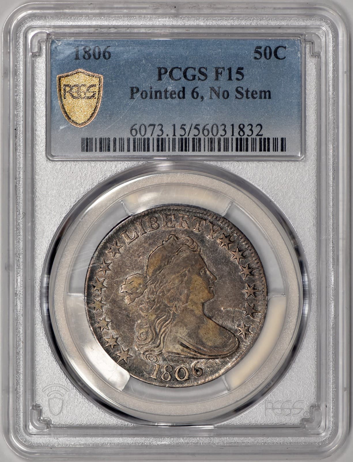 1806 Draped Bust Half Dollar 50c Pointed 6, No Stem PCGS F15 - Original!