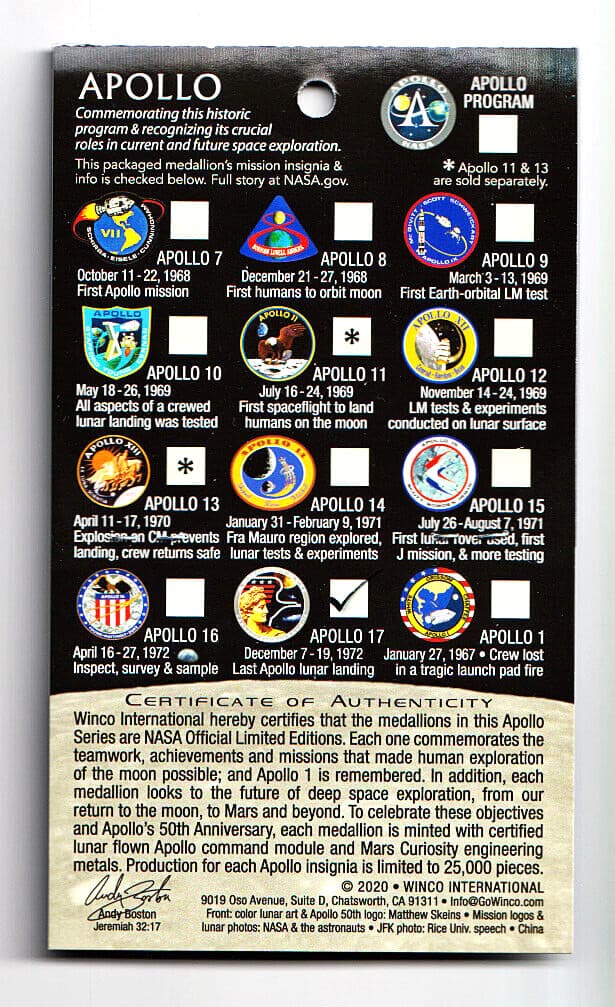 APOLLO 17 - NASA FLOWN METAL- 50th ANNIVERSARY -LIMITED EDITION- COIN-MEDALLION  5