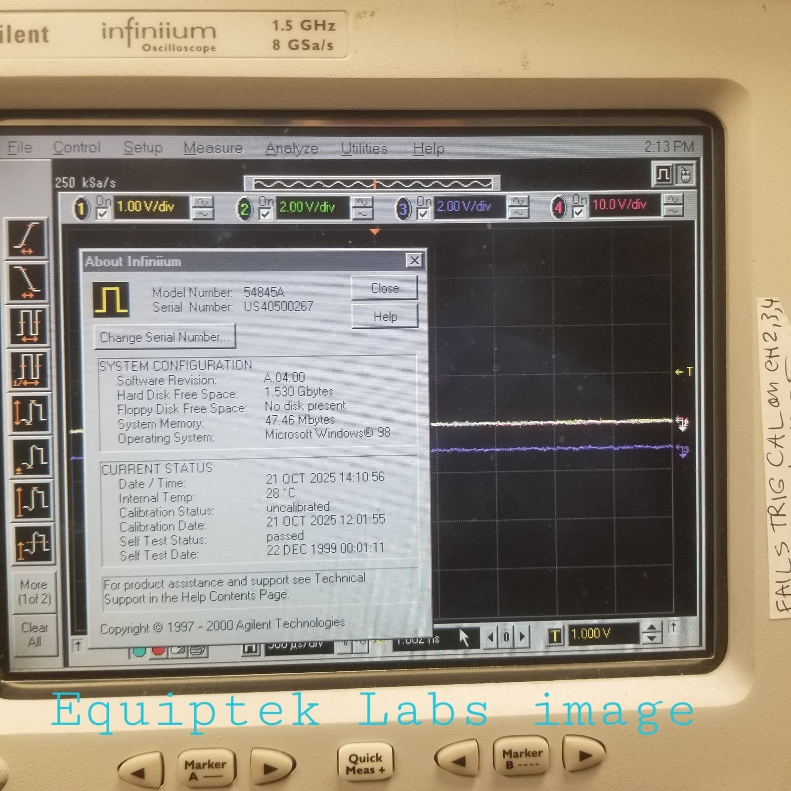 Agilent 54845A Oscilloscope 1.5 GHz DSO 4 Ch 50/1 MΩ works but fails self cal 5