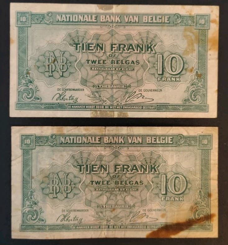 1943 Belgium 2pc Lot 10 Francs WW2 Banknotes World Paper Currency 2