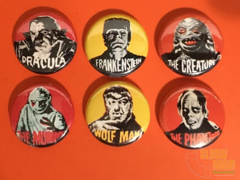 Set of six 1" Universal Monsters pinback buttons pins reproduction B/W version