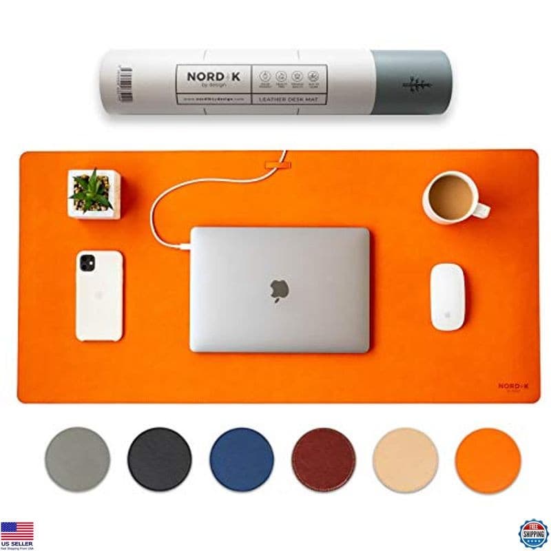 Nordik Tangerine Orange Leather Desk Mat & Cable Organizer - 35"x17" Non-Slip