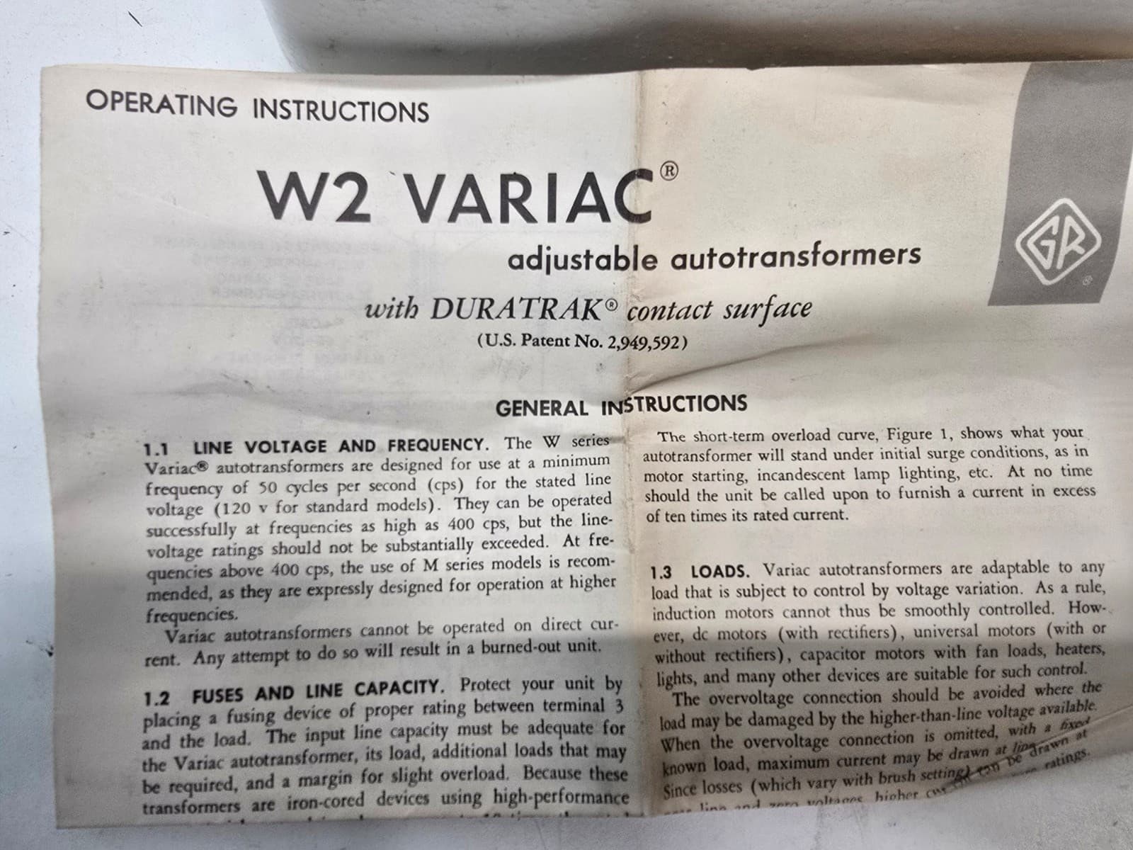NEW General Radio W2 Panel Mount Variac w/Hardware 0-120VAC 2.4A Autotransformer 5