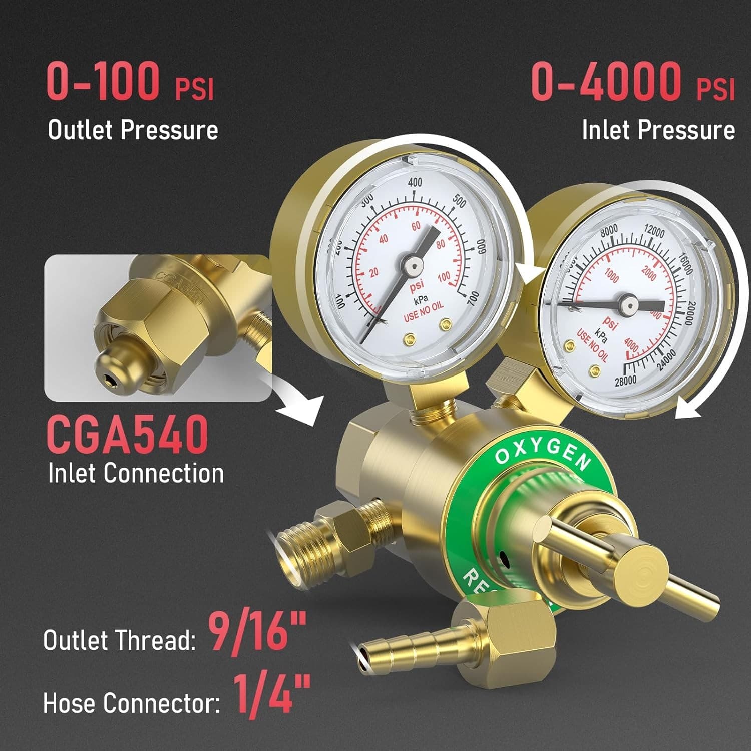 Oxygen Regulator CGA540 0-4000PSI 0-100PSI Gauges with T-Handle & Hose Connector 6