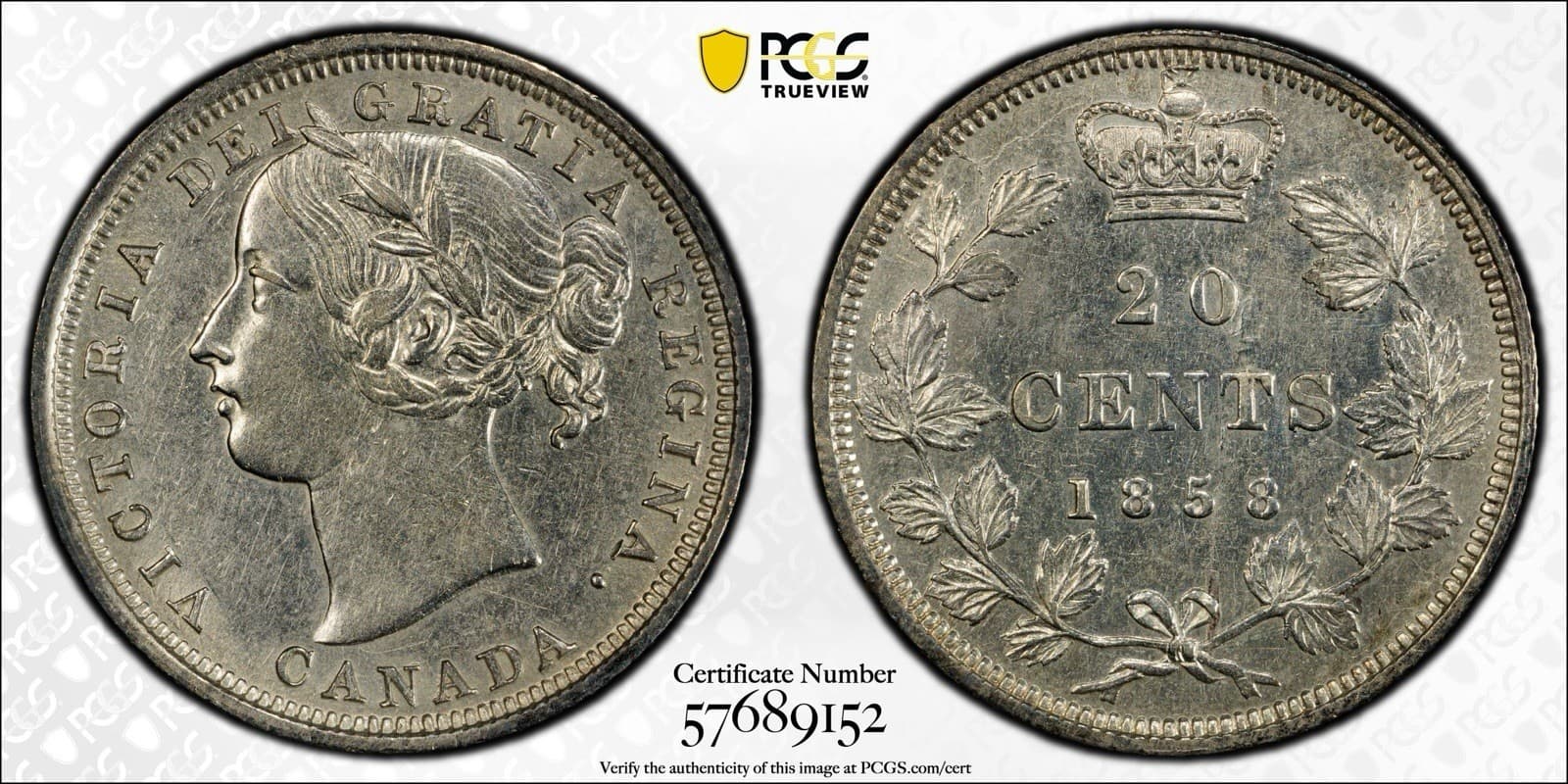 1858 Canada 20 Cents Re-engraved 5 - PCGS AU50 - 57689152