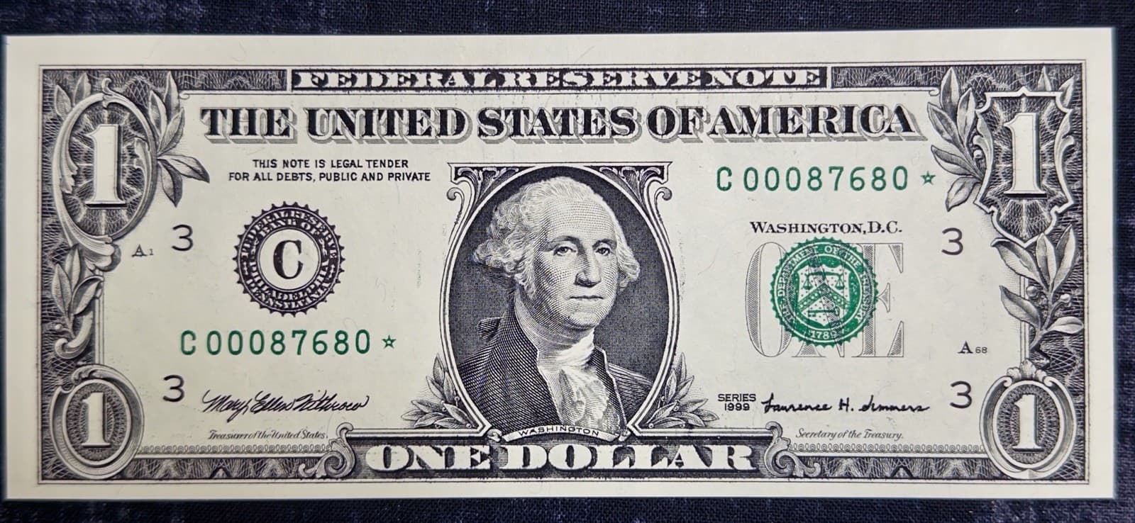 Set of 5 - 1999 $1 Federal Reserve Note LOW SERIAL Consecutive Star Uncirculated 5