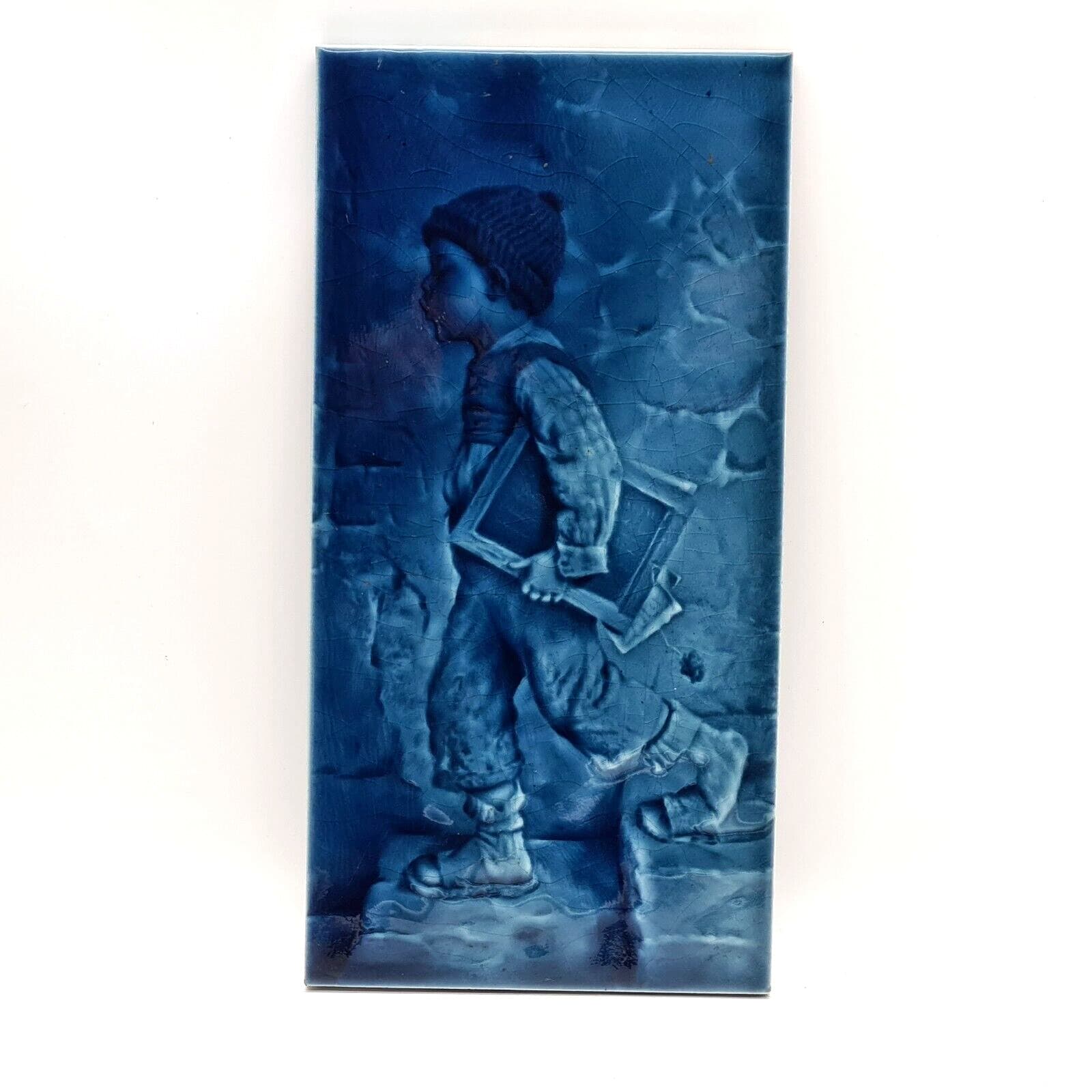 Antique Pair Of Fireplace Tiles Blue Majolica Craven Dunnill & Co 12" x 6" C1880 4