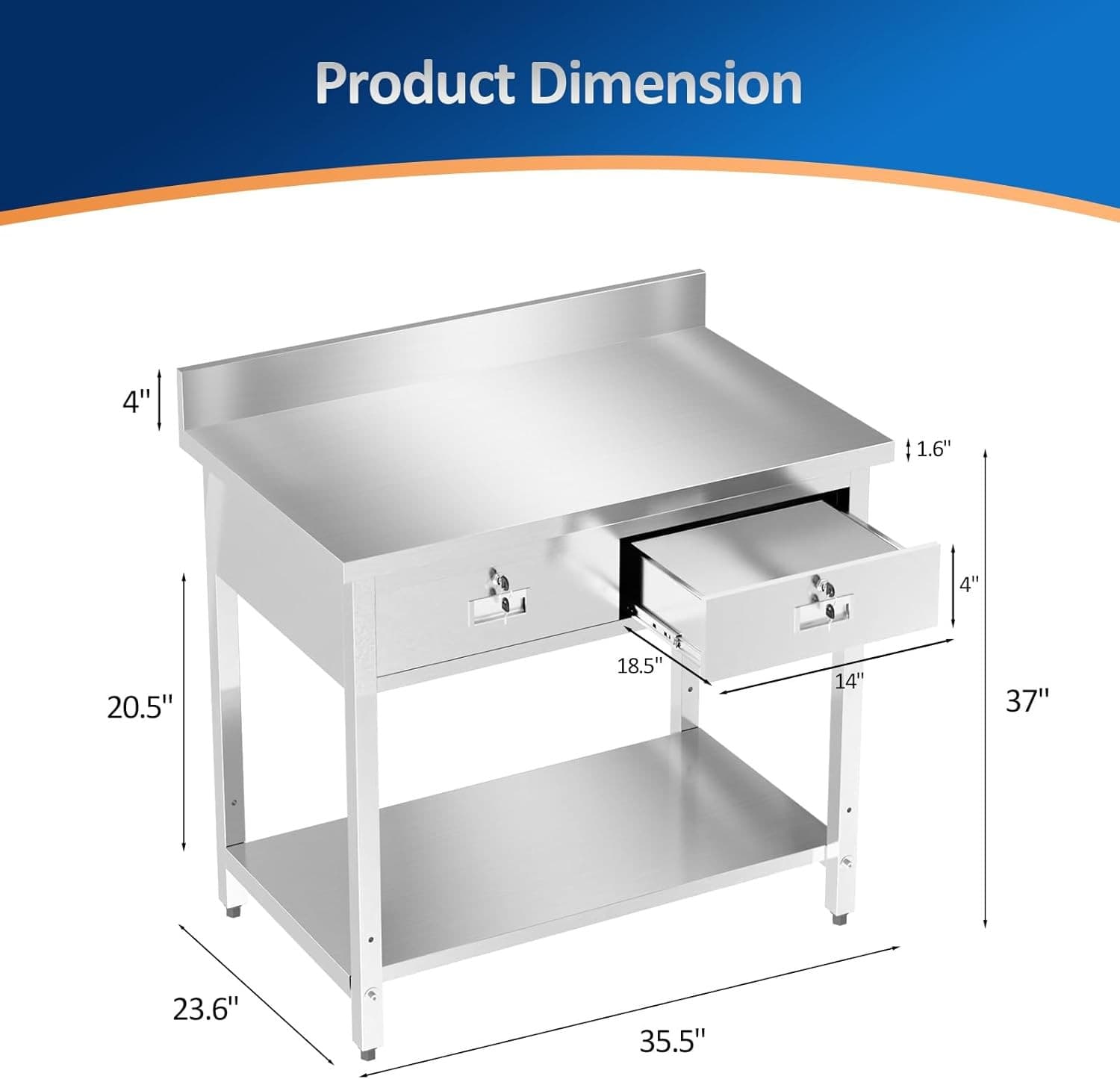 Heavy Duty 36 x 24 " Stainless Steel Work Table with 2 Drawers and Undershelf 3