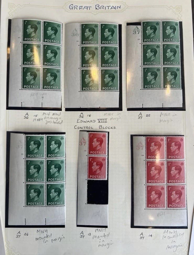 GB KE8 KEVIII Controls Corner Blocks Of 6 Mint Hinged In Margin 1/2d & 1d.