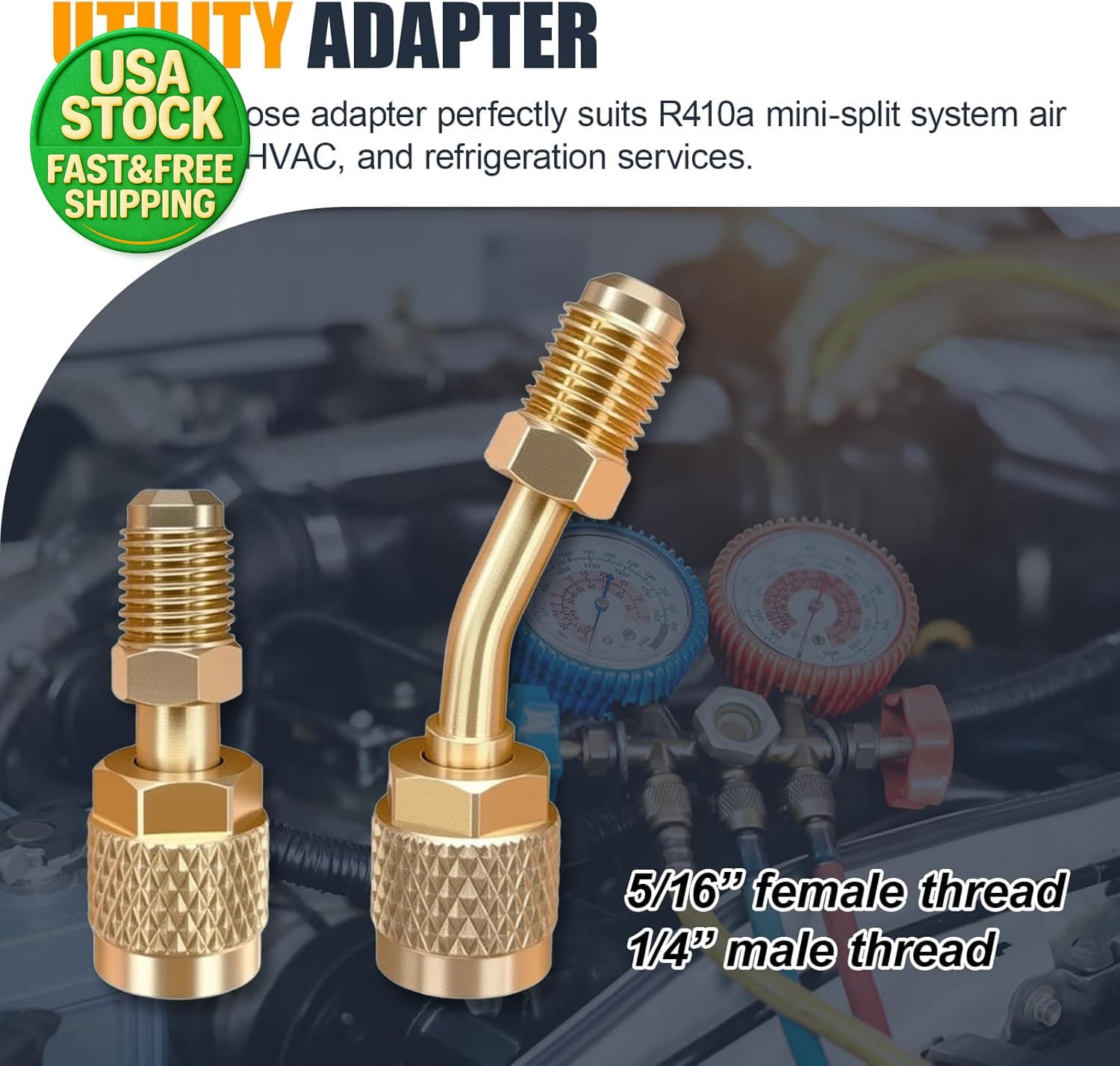 R410A Adapter 5/16 SAE Female to 1/4 Male Flare Straight Angled HVAC Fitting 4