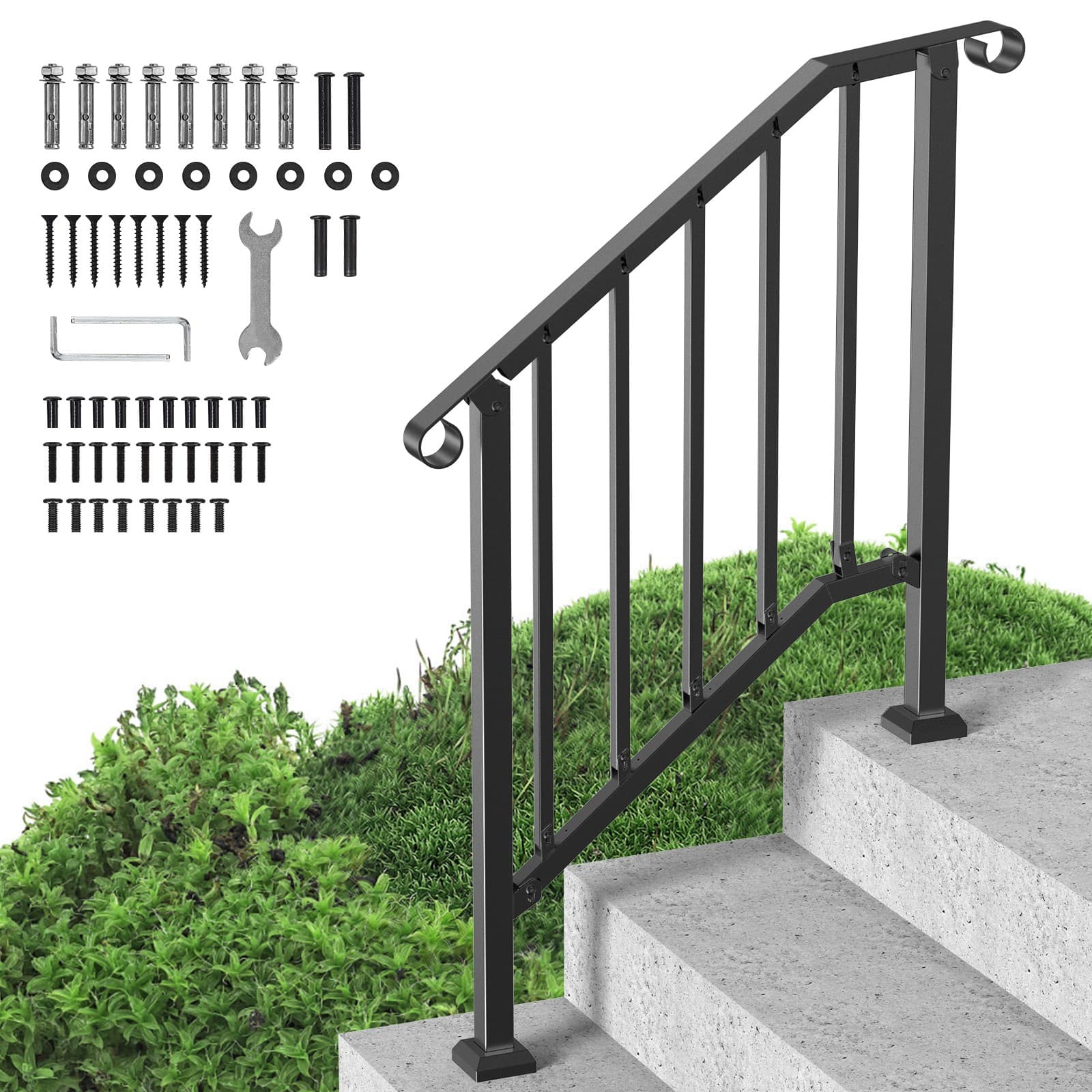 Uimoso 2-3 Step Handrails Outdoor Stair Railing for Porch Deck Black Retro Arch