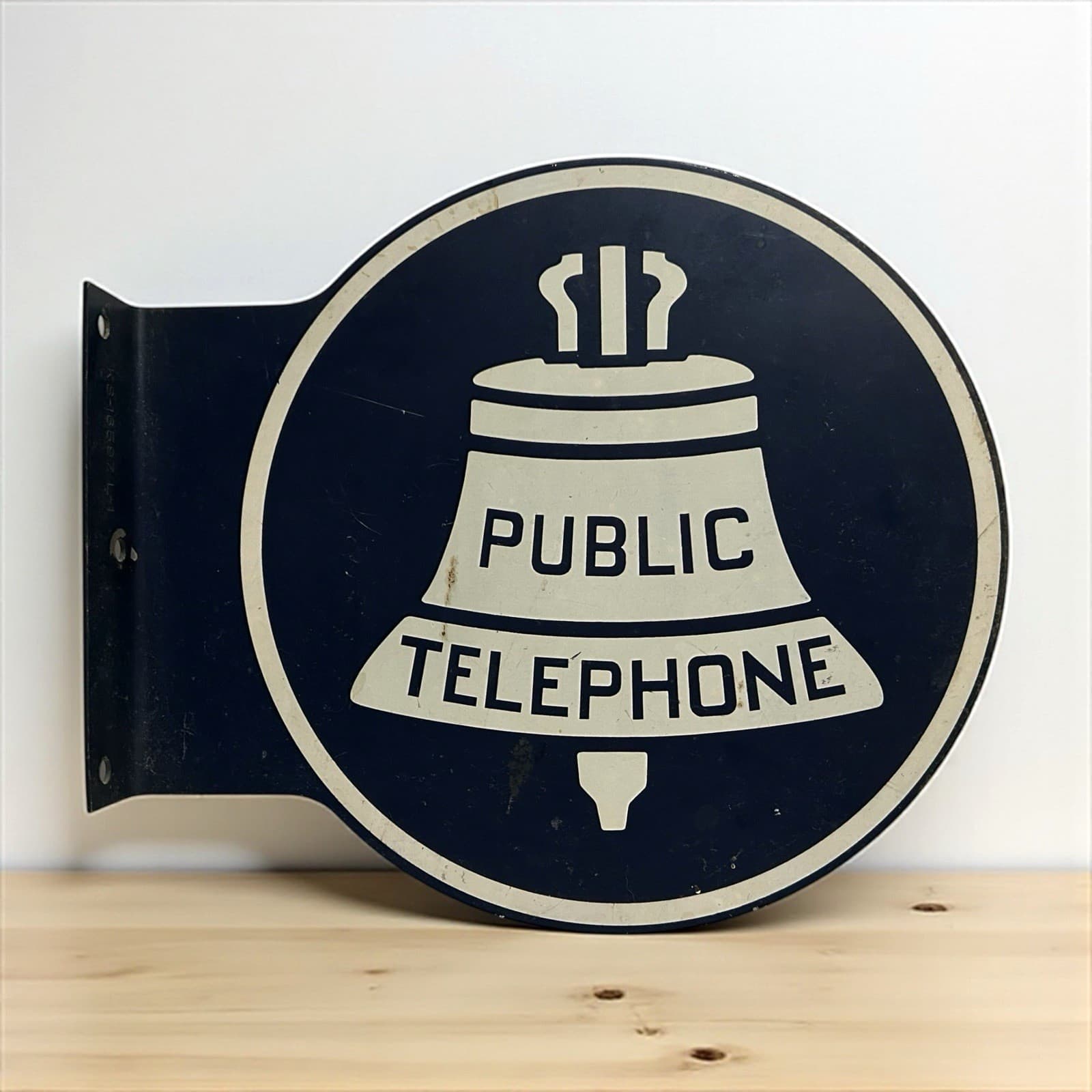 Vtg Metal Public Telephone Sign Bell System Double Sided Flange Bllue White