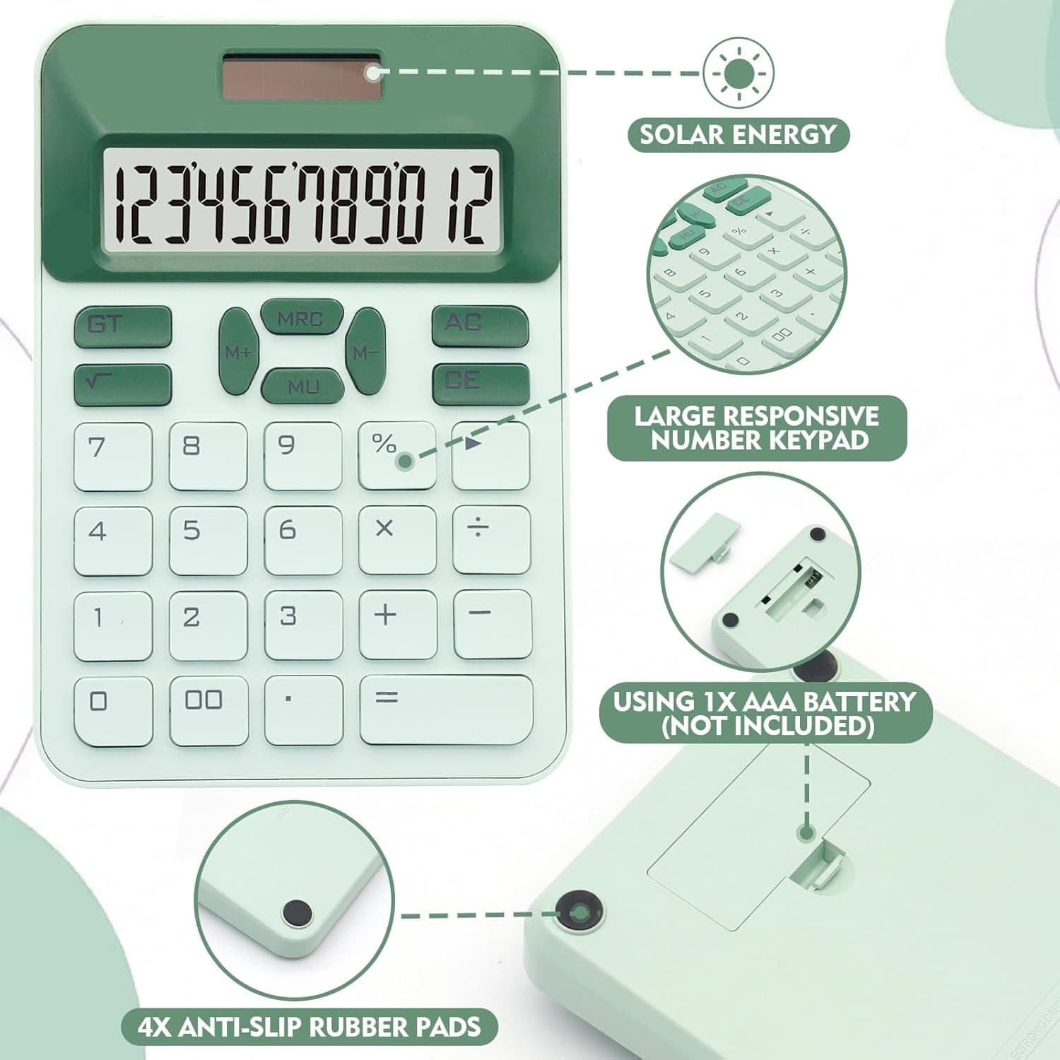 Green Basic Calculator with 12 Digit LCD Display - Cute for Office,  3