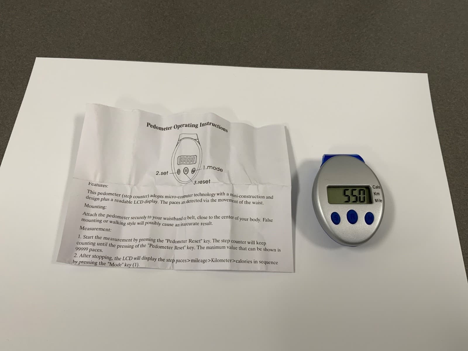 Pedometer Step Counter Clip On.  Measures Calories/Km/Miles. No cell phone req.