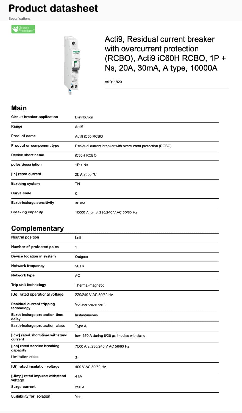 Schneider Electric - RCBO 20A 10kA 1PPNS Acti9 iC60H 30mA 230V / A9D11820 2