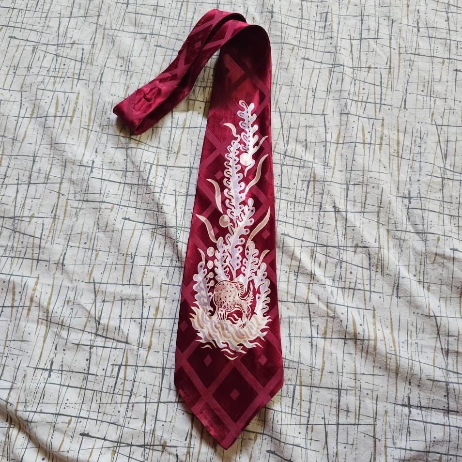 Vtg 40s Mens Novelty Ocean Fish Bubbles Coral Necktie Wide Jacquard Tie 49X4.25 2
