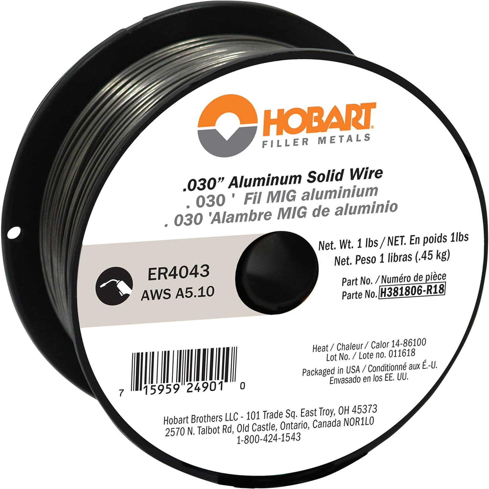 Hobart MIG Welding Wire, ER4043 Aluminum, .030in., 1-Lb. Spool, Model# 2