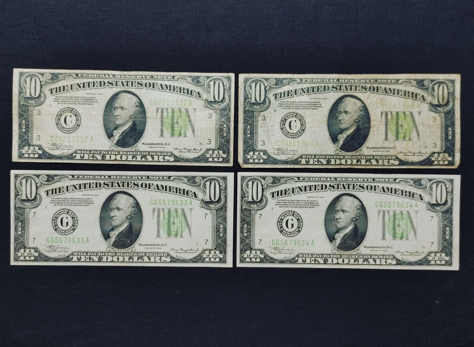 12x Series 1934 $10 Federal Reserve Notes inc 2 Choice Consecutive Serial #'s  6