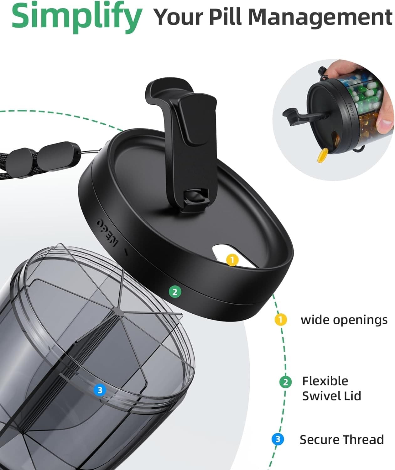 PULIV Portable Pill Dispenser Bottle, Vitamin Organizer with 7 Black  4