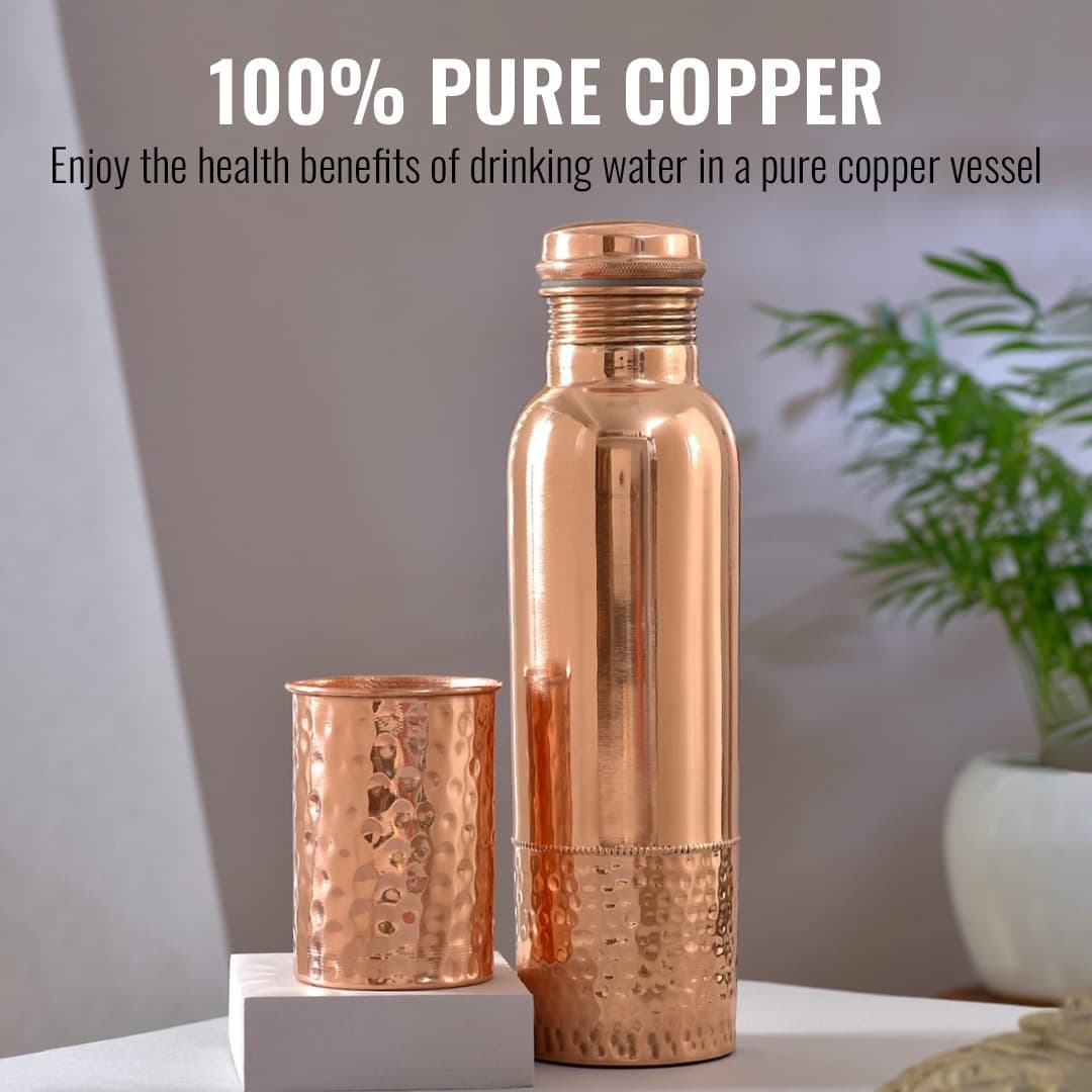 Free Tumbler + Pure Copper Water Bottle 34oz / 1000ml Ayurvedic w/ Sleeve